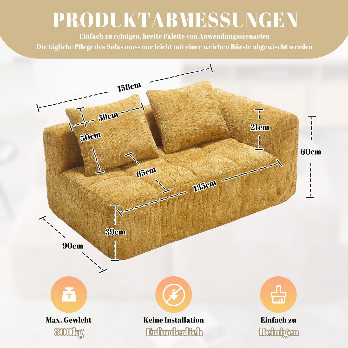Comfortable Sofa For 2 People, No Assembly Required, Fluffy Sofa With A Cushion, Side Pockets For Remote Control And Mobile Phone, Neat And Stylish, Yellow