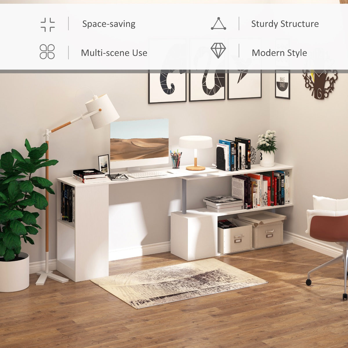 55" 360° Rotating Corner Computer Desk Modern L-Shaped Home Office Workstation with 3-Tier Storage Shelves, Bookshelf, White