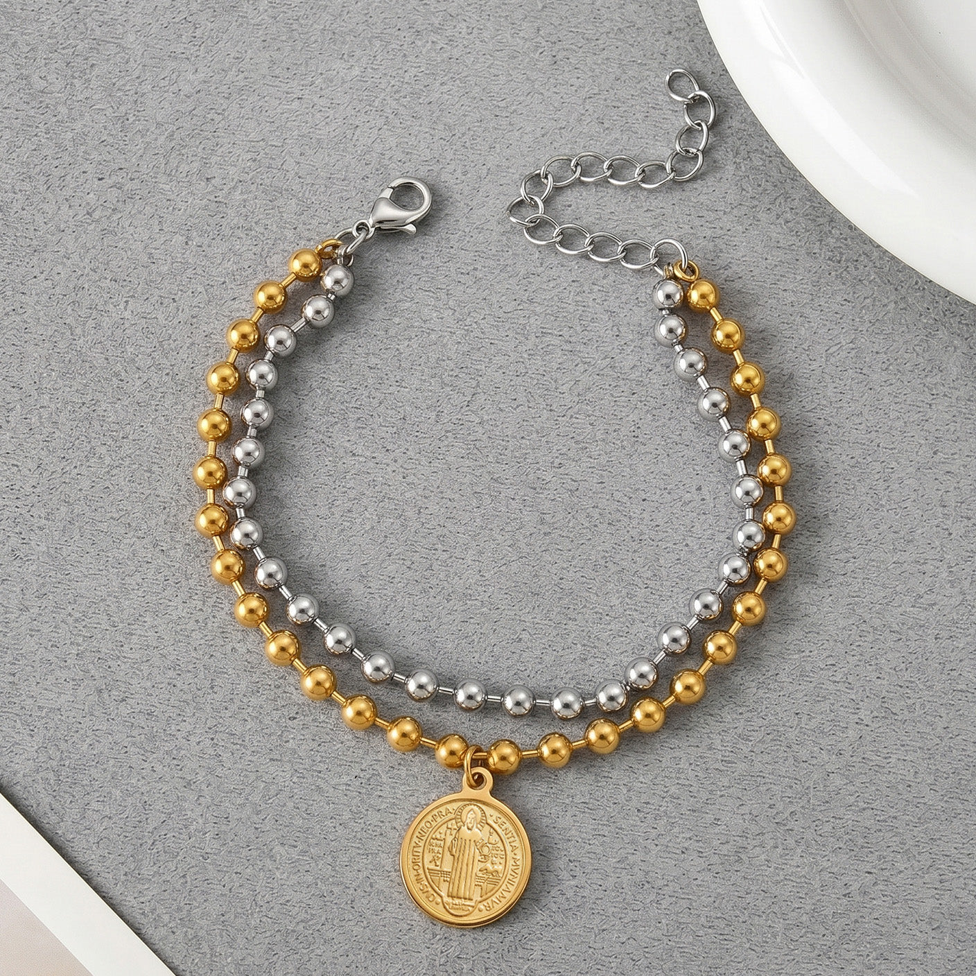 Double Layer St Benedict Bracelet Gold Silver Two Tone Stainless Steel Ball Bead Chain San Benito Medal Protection Charm Catholic Jewelry Religious Gifts For Her