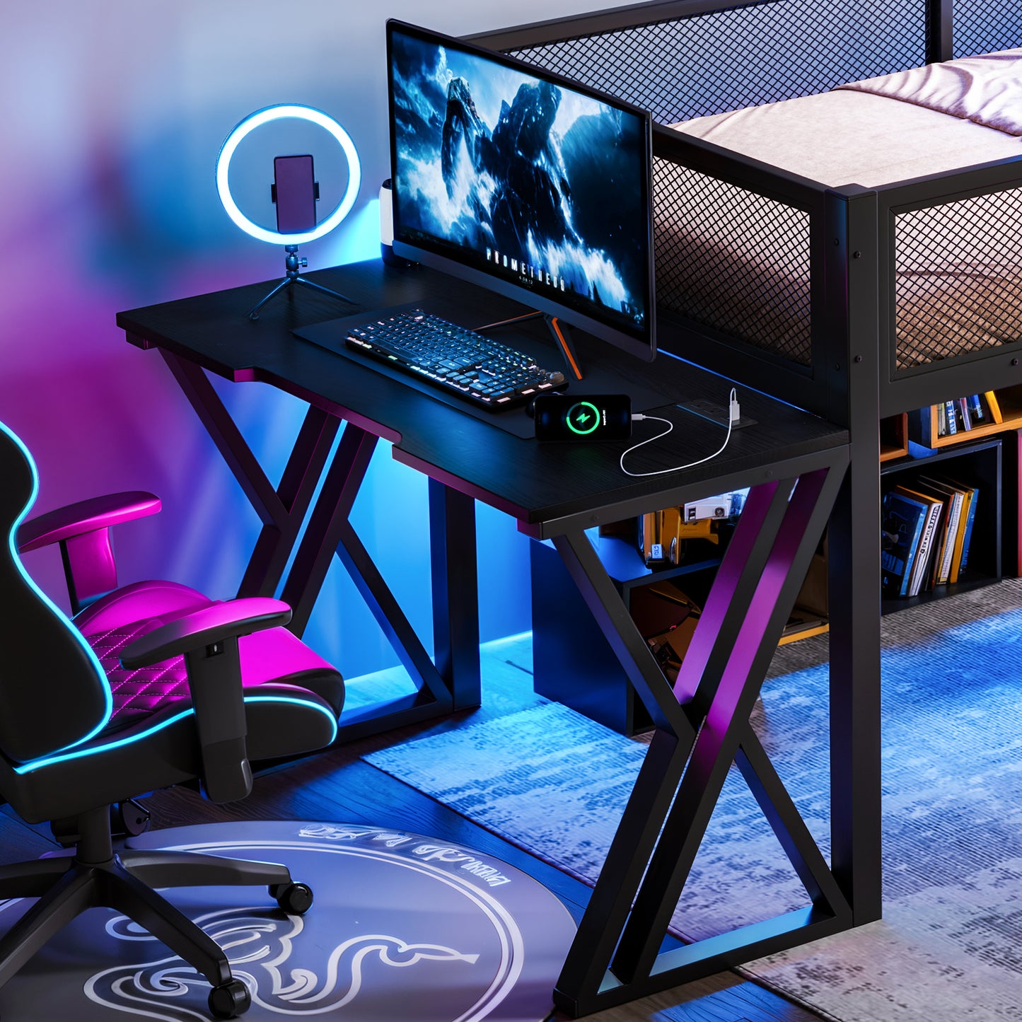 Twin XL Size Gaming Loft Bed With Desk Of X-shaped Leg ,LED Lights, USB Ports, Staircase & Mesh Guardrail - Black Metal Frame, Space-Saving Elevated Bed For Dorms, Bedrooms, & Gaming Setups