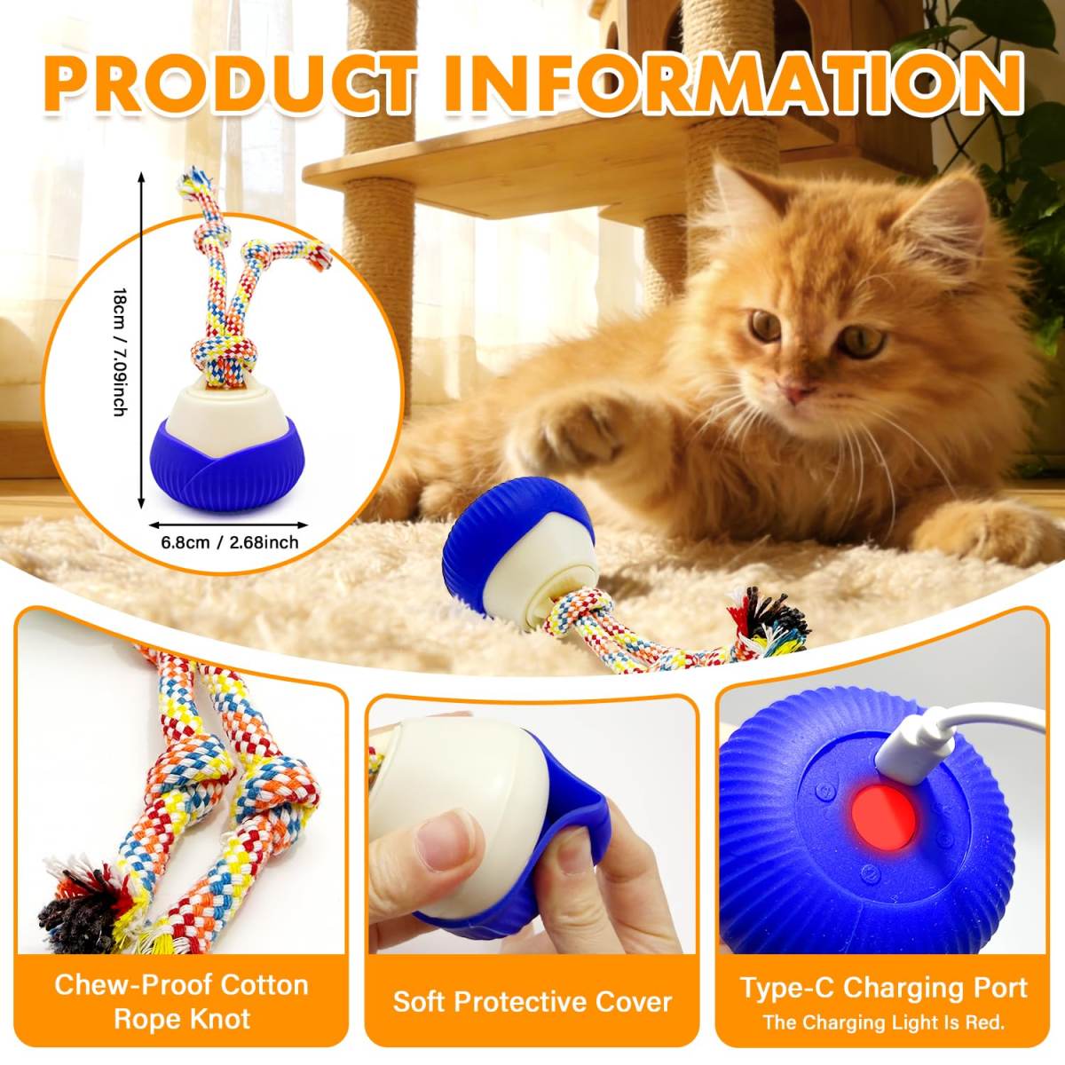 Interactive Cat Toy, 360 Rotating Automatic Moving Cat Toys, Voice Recordable Auto Rolling Pet Toy With LED Sound & Music, Rechargeable Interactive Cat Toys For Indoor Cats & Small Dogs