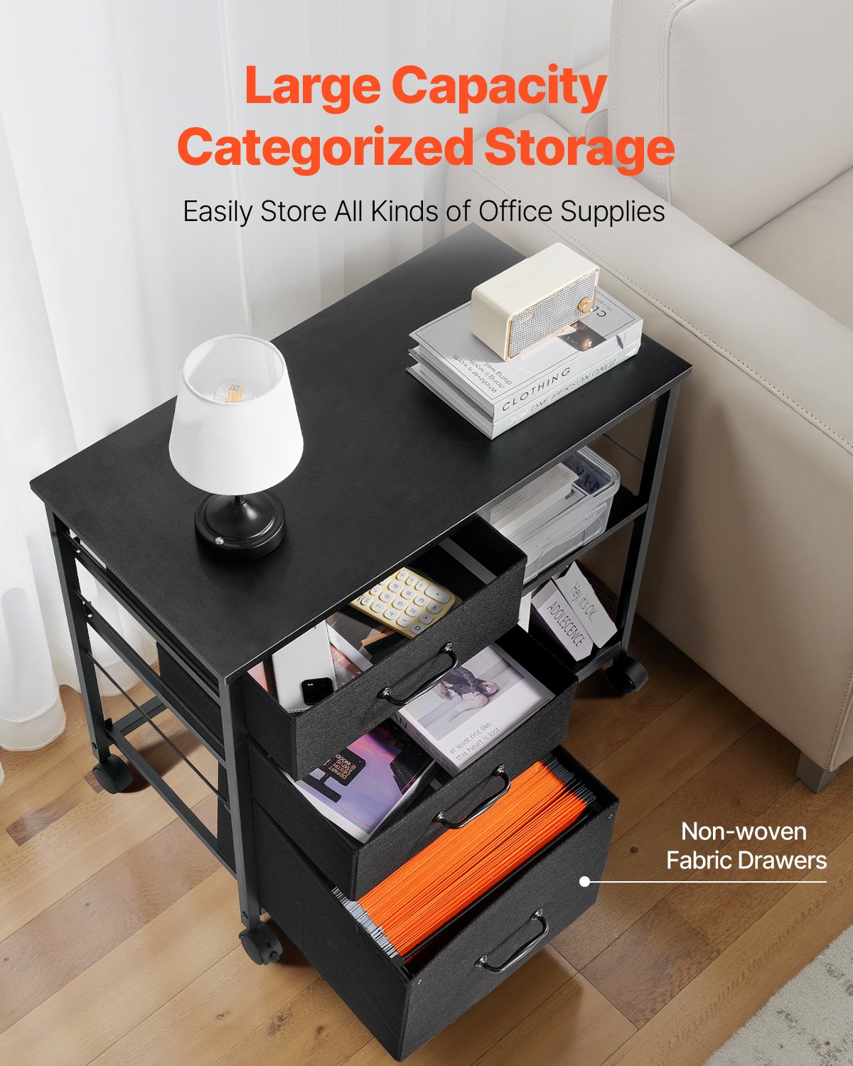 Mobile Metal File Cabinet With 3 Fabric Drawers And 2 Open Shelves Black