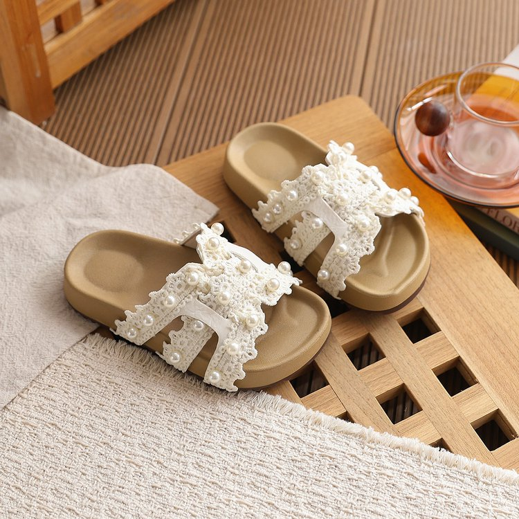 2026 Summer New Korean Style Girls Pearl Lace Slide Sandals Princess Beach Flat Slippers Match Dress
