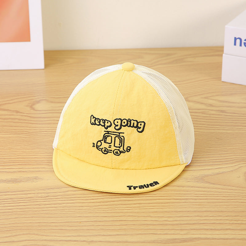 Children's Single-color Cartoon Car Embroidered And Pieced Together Net Fabric Breathable And Cool Fashion Short-brimmed Baseball Cap For Outdoor Travel