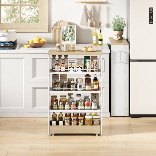 Slim Storage Cart, Slim Cabinet Trolley On Wheels, 12cm Narrow Kitchen Cabinet With 4 Adjustable Shelves, White With Wood Look, 55x12x85cm, For Kitchen & Bathroom