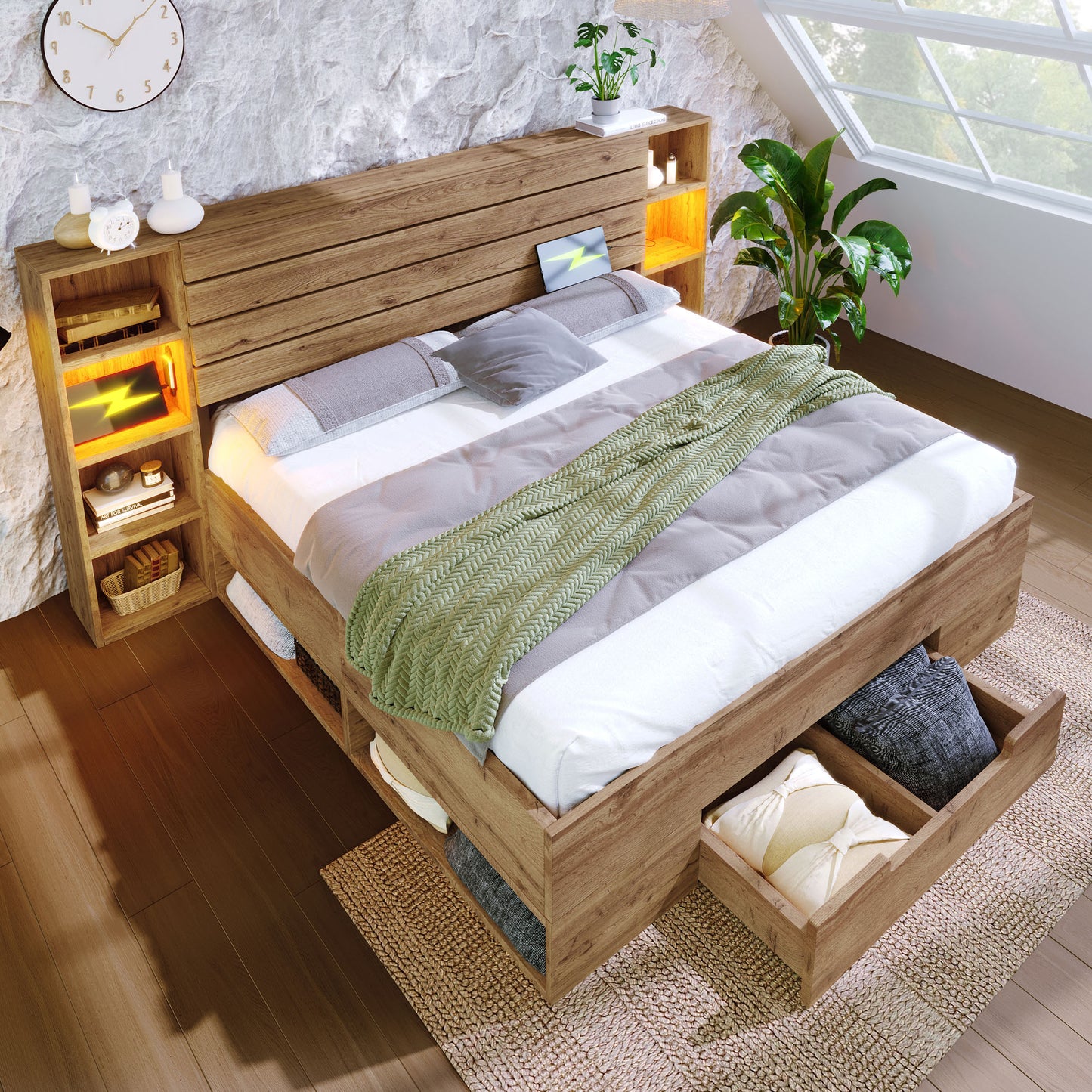 Double Bed Solid Wood Bed 180x200, Storage Bed Bed System With LED Lighting And USB C Storage Headboard And Drawers, Bed Frame Slatted Wood Frame, Oak  Without Mattress