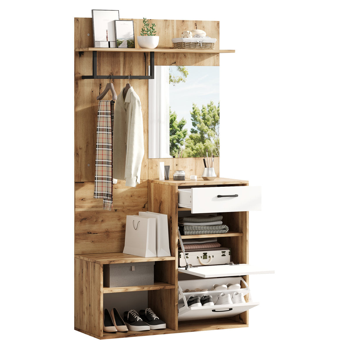 100X38.5X190cm Coat Rack Set With Mirror, Shoe Bench, Shoe Cabinet, Hallway Cabinet, Hanging Cabinet Shelf, Compact Coat Rack, With 1 Drawer And 2 Cabinets, Plenty Of Storage Space, White - Original W
