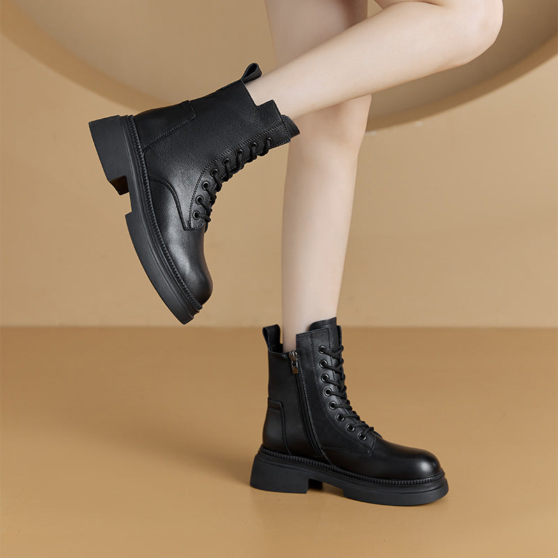Retro Genuine Leather Martin Boots Women Korean Version Thick Sole