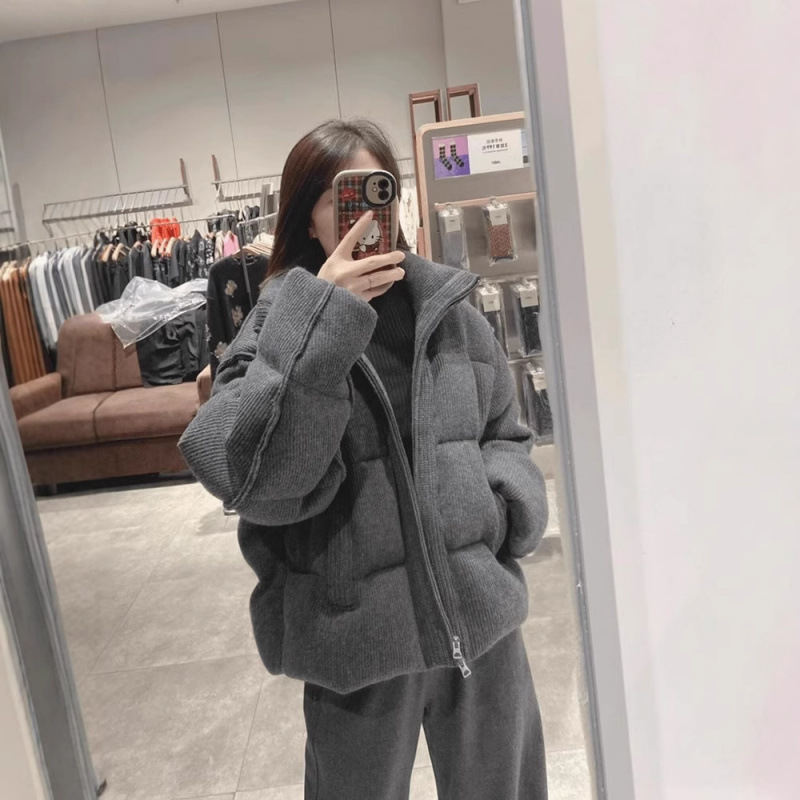 Korean-style Retro Gray Stand-collar Corduroy Loose Cotton Padded Jacket