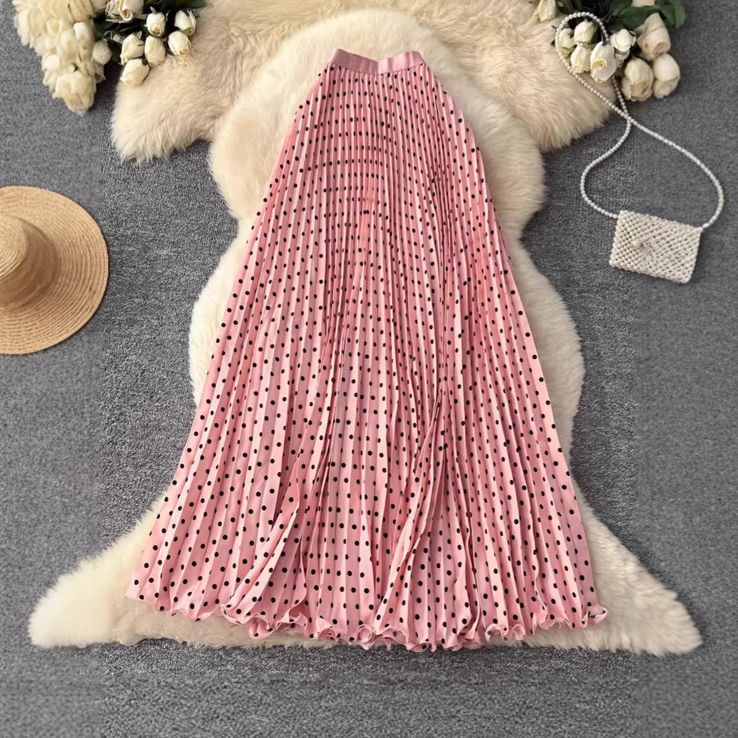 Korean-style Mid-length Polka-dot Pleated Skirt Elegant Midi Skirt