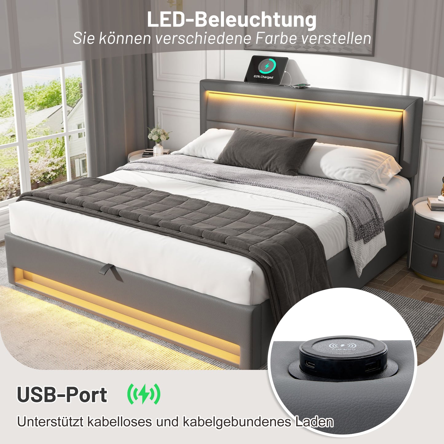 Upholstered Bed 140 X 190 Cm, With USB Port  Supports Wireless And Wired Charging , With LED Lighting And Storage Space, Without Mattress, PU-Lychee Design, Grey OLD SKU 3252956AAG