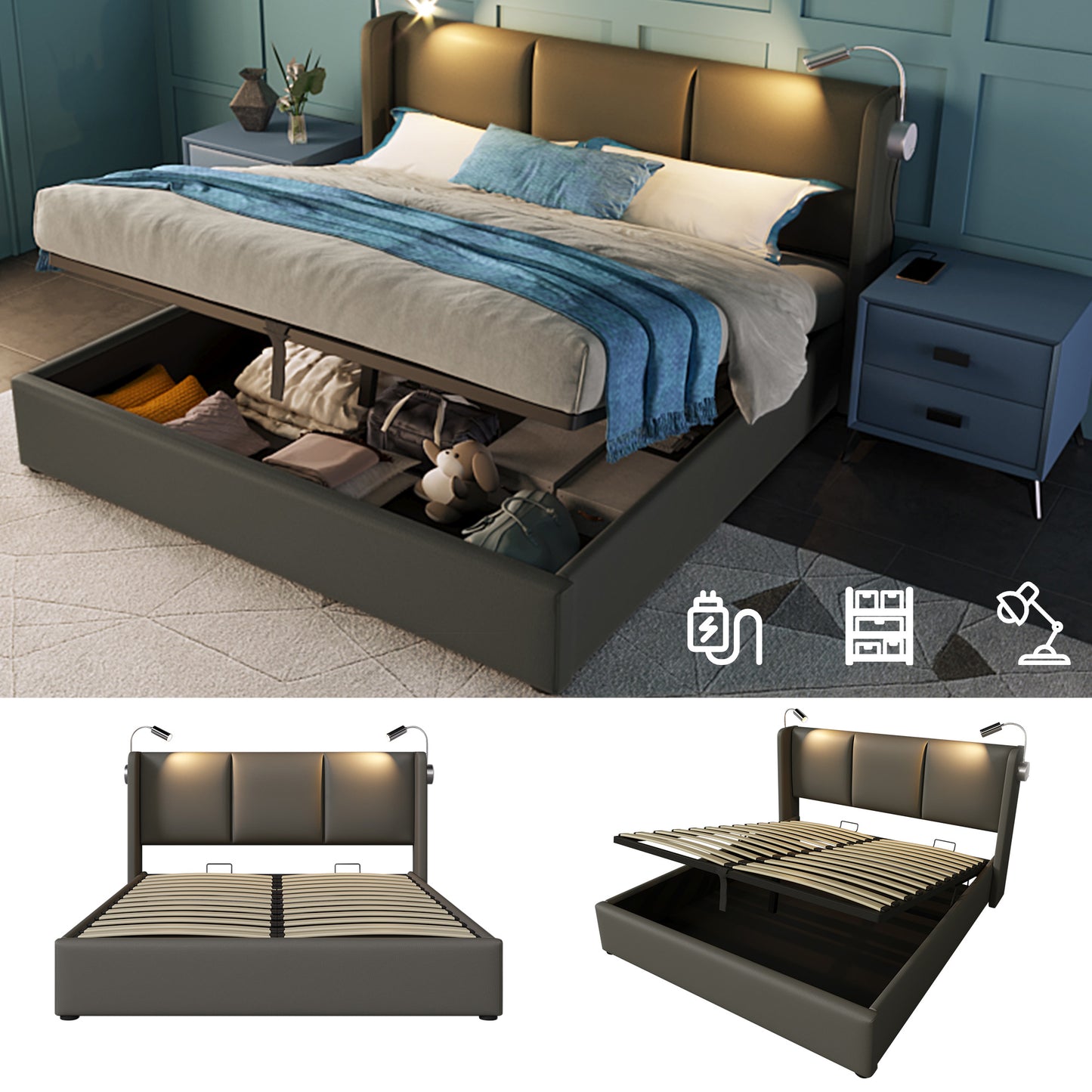 Upholstered Bed Double Bed Storage Bed Box Reading Light With USB Charging Function Headboard,Storage Beds Bed Frame PU Youth Bed 140x200 With Slatted Base  Without Mattress