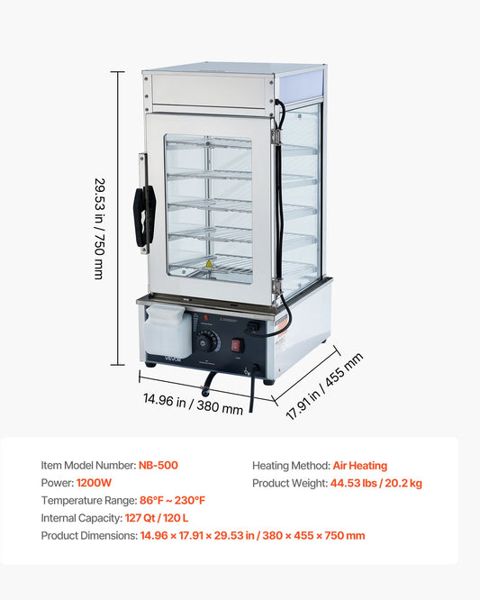 5-Tier Commercial Food Warmer Display, 1200W Food Display Warmer With LED Light, Adjustable Shelf & Stainless Steel Frame, 86℉~230℉ Steam Heating, 120L For Hamburger, Pizza, Bread, Fried Chicken