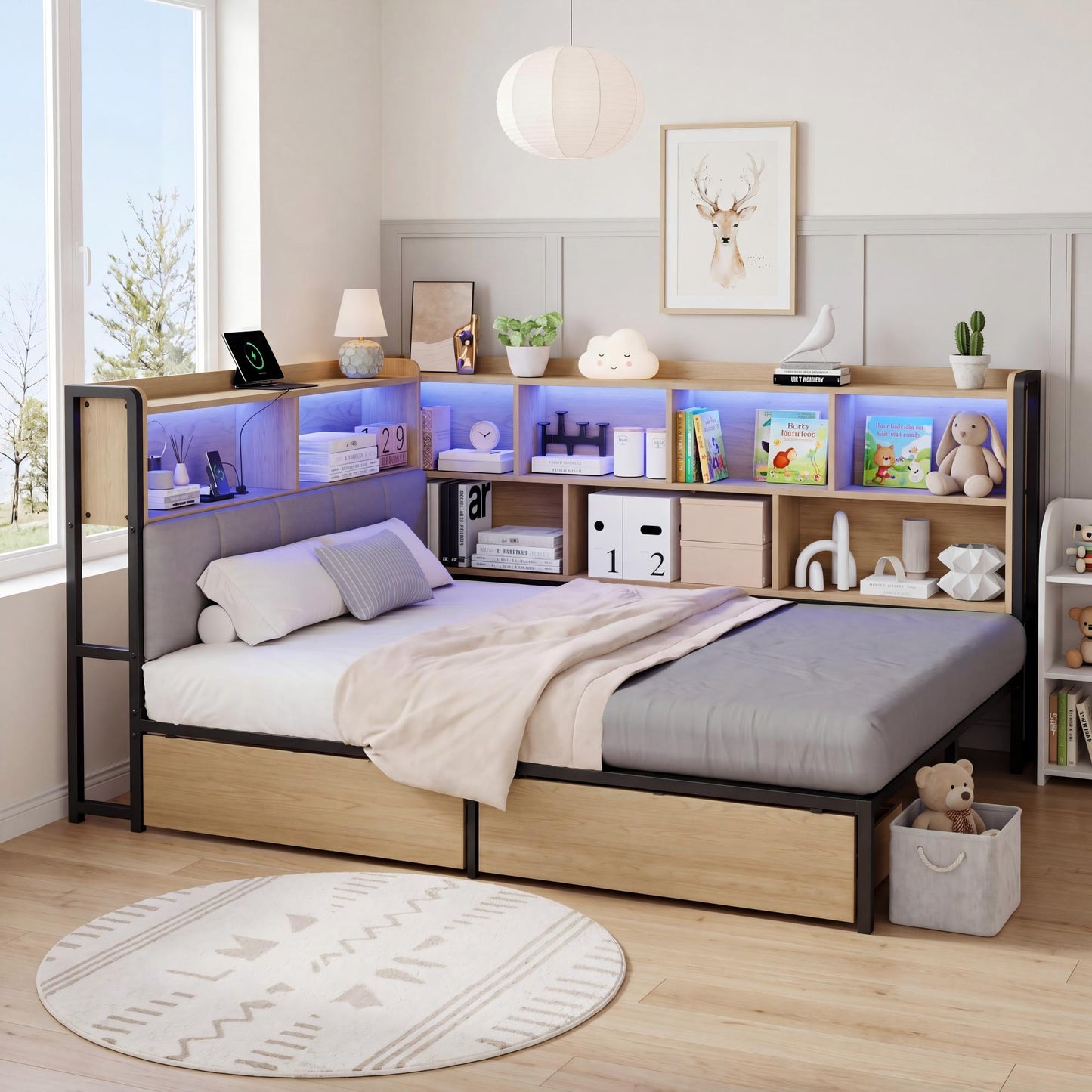 Upholstered Bed Daybed Sofa Bed 140x200 With LED Lighting, USB&Typec Charging Station, Daybed, Youth Bed With 2 Drawers And Metal Slatted Base, Headboard With Storage, Natural Colour