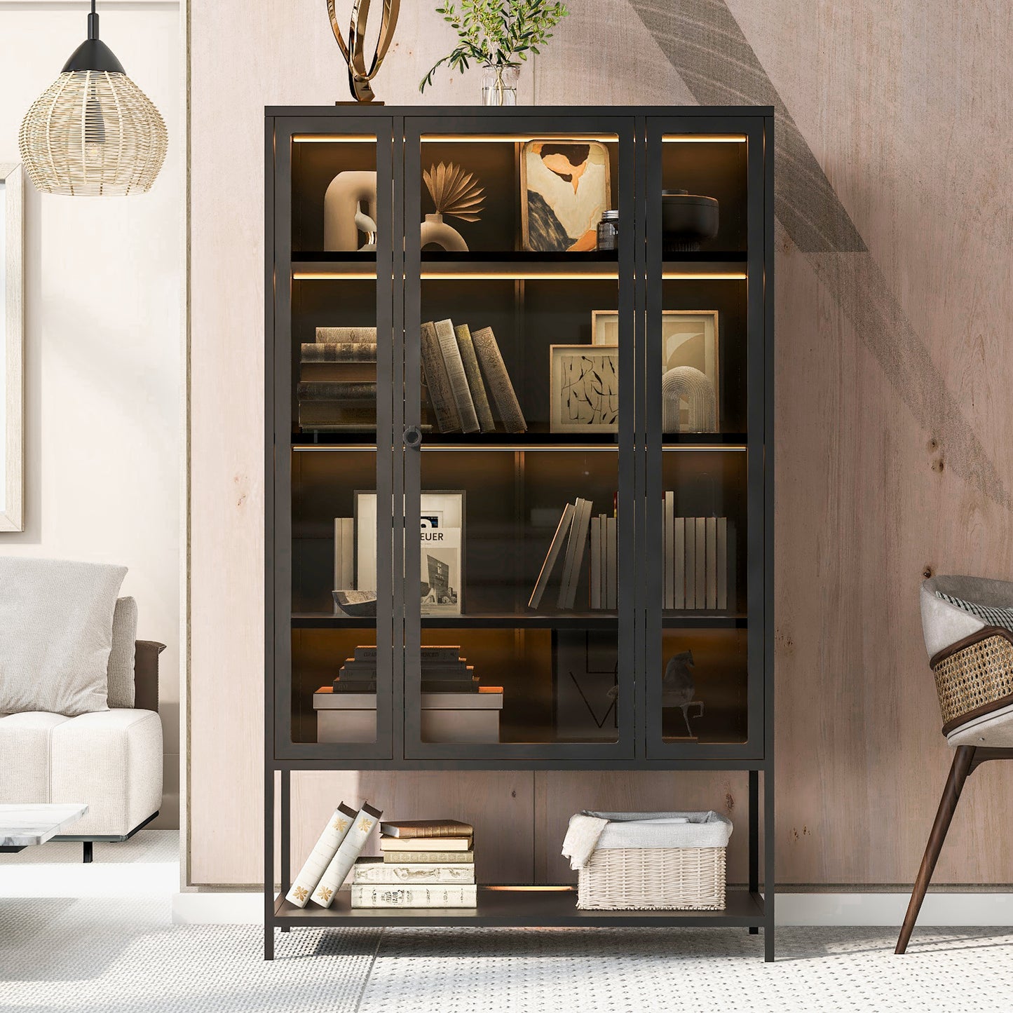 67.25  Tall Iron Display Cabinet With Glass Door And LED Lights Steel Curio Cabinet For Collectibles Figures Trophies 3-Sided Glass Display Case For Home Office Study Room Stores Playroom - Black