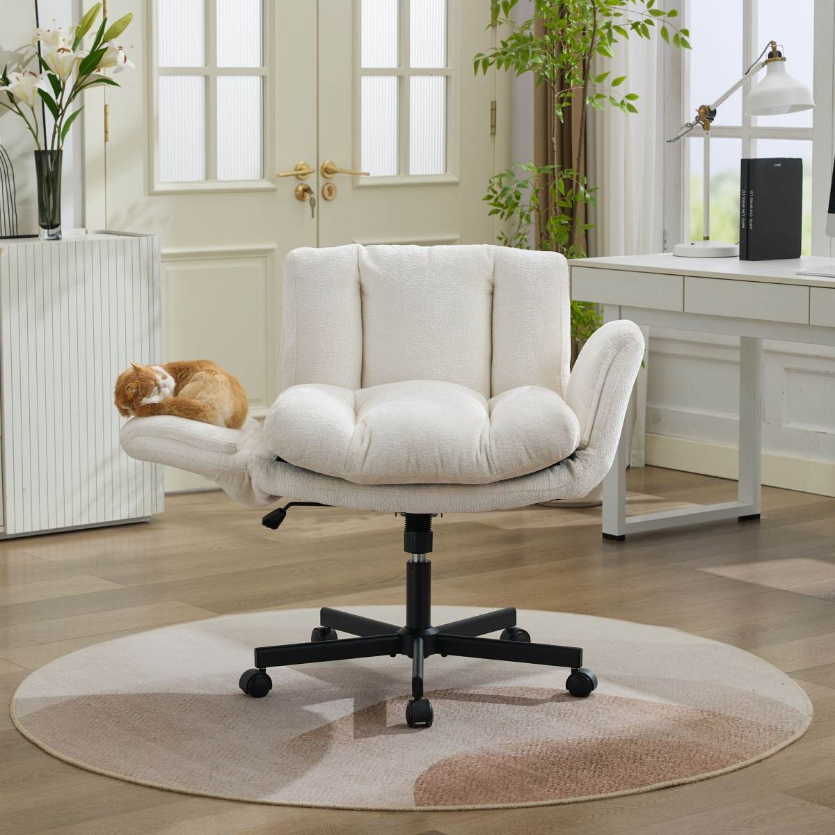Modern Chenille Swivel Office Chair, Height Adjustable Task Chair with Convertible Multi-Position Armrests,Comfy Double Cushioned Desk Chair for Home,Study,Vanity & Living Room, Cream / Beige,SW5028BG