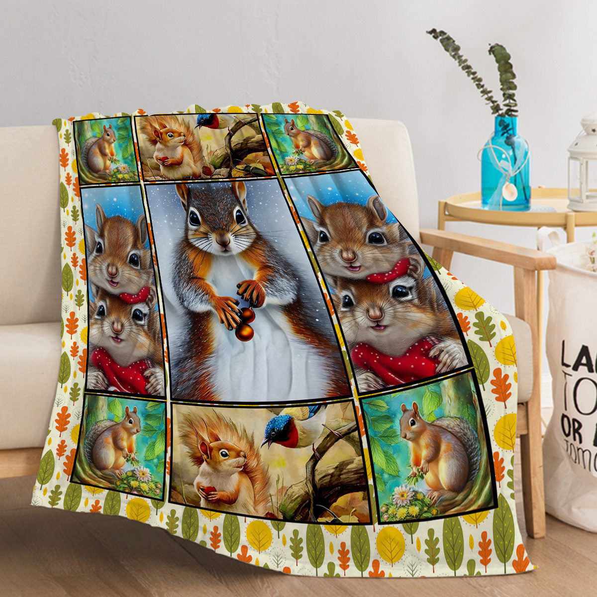1 Pc Of Flannel White Bellied Squirrel Cute Pet Theme Soft And Fluffy Multifunctional Outdoor Beach Camping Living Room Sofa Office Nap Printed Blanket