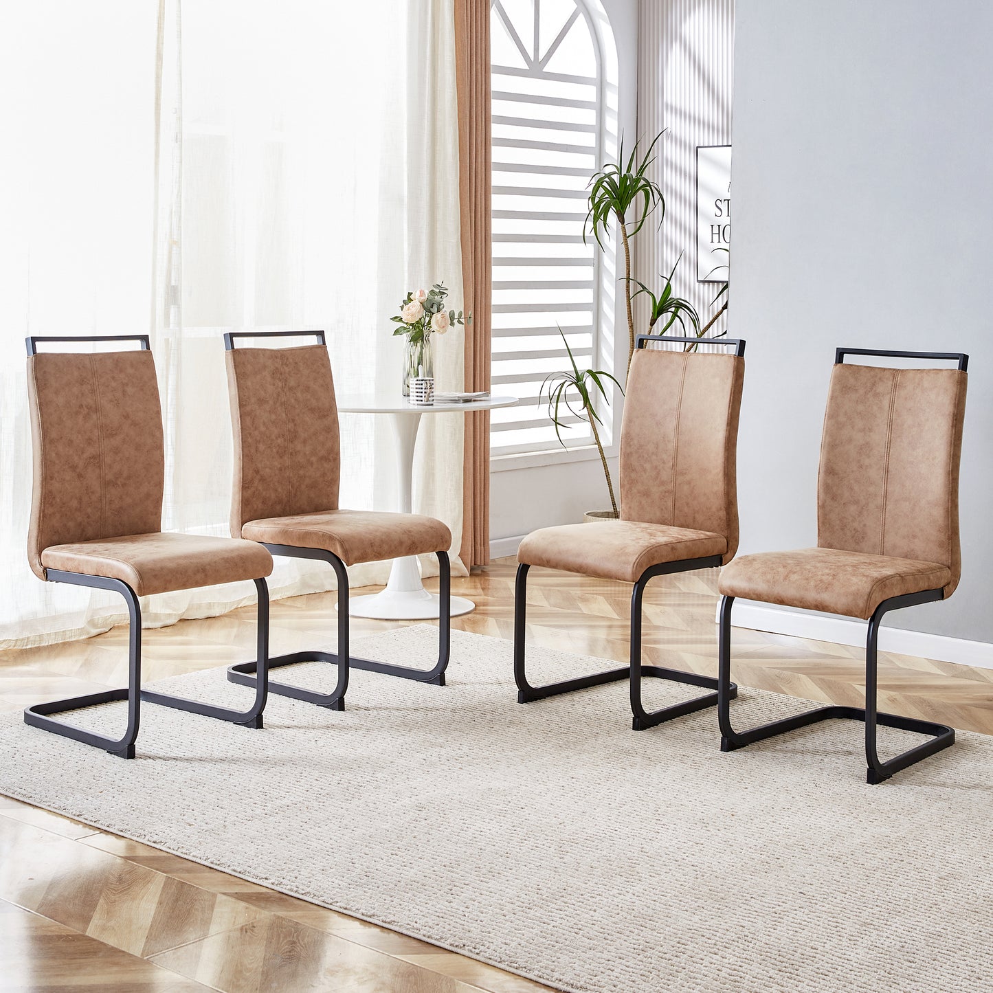 Modern Dining Chairs, Technology Cloth High Back Upholstered Side Chair With C-shaped Tube Black Metal Legs For Dining Room Kitchen Vanity  Club Guest Office Chair  Set Of 4 Brown 1162