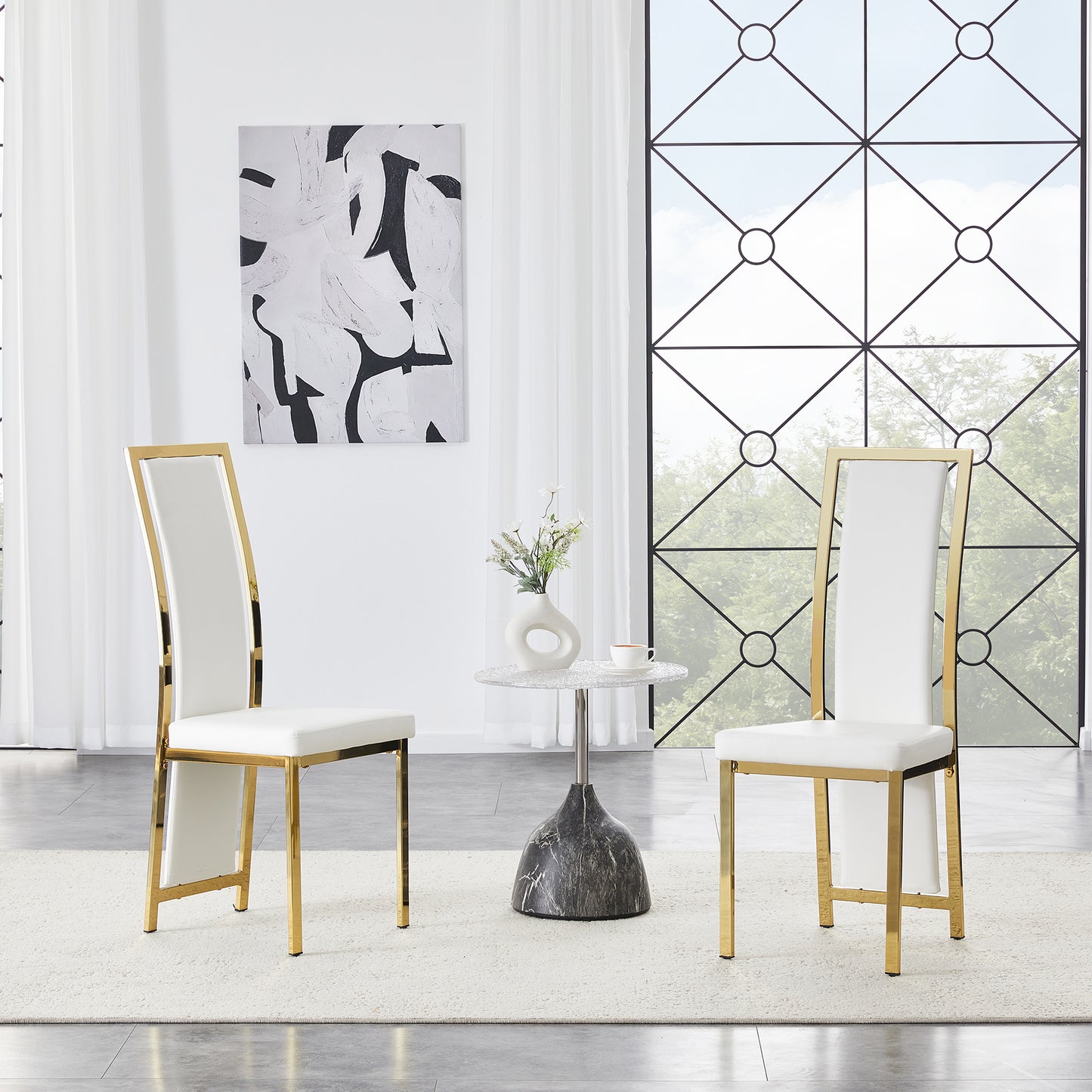 Set Of 2  European Minimalist Dining Chairs With Gold Edge. White PU Leather  Gold Luster Metal Frame, 109cm High, For Versatile Uses Such As Dining Room, Office, Etc.