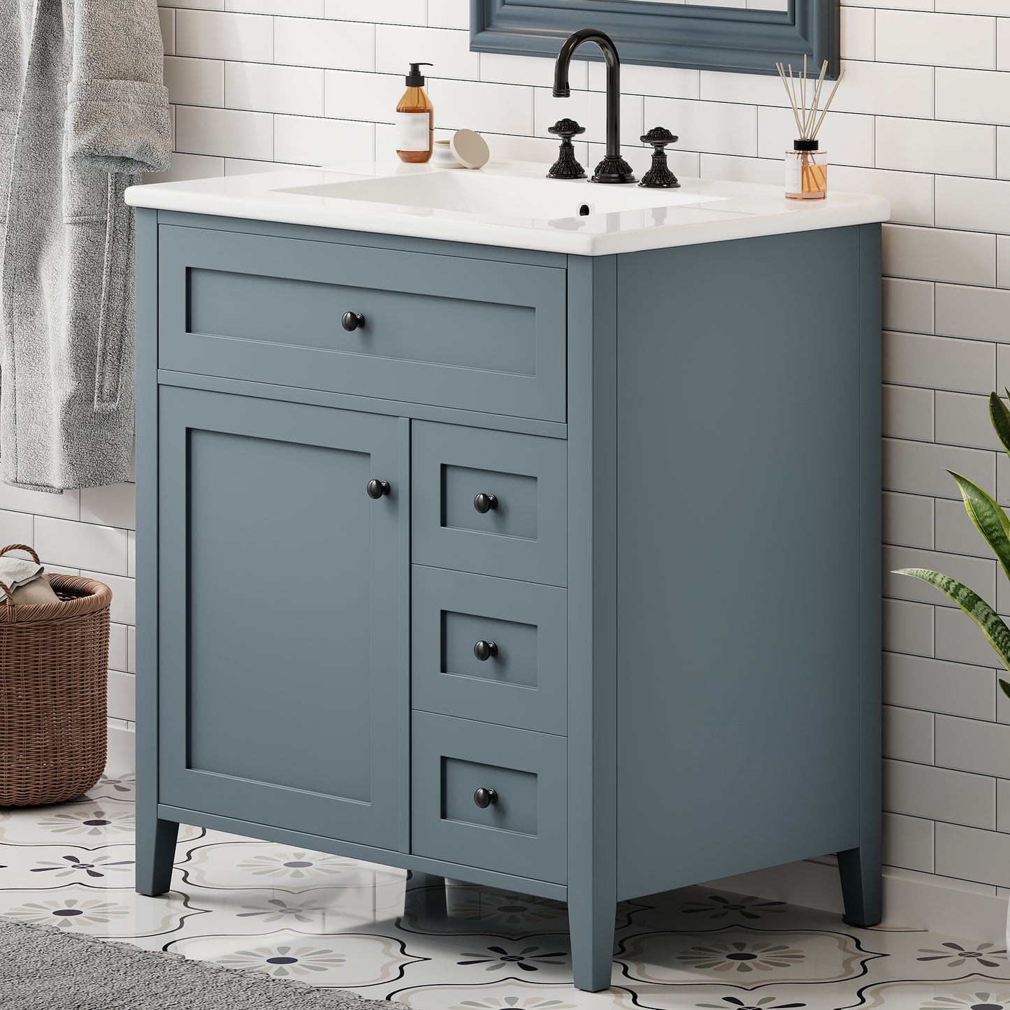 30-Inch Gray Blue Bathroom Vanity With Sink, Modern MDF And Rubberwood Cabinet With 3 Drawers And Adjustable Shelf, Freestanding Vanity For Bathroom Storage And Organization Left Door