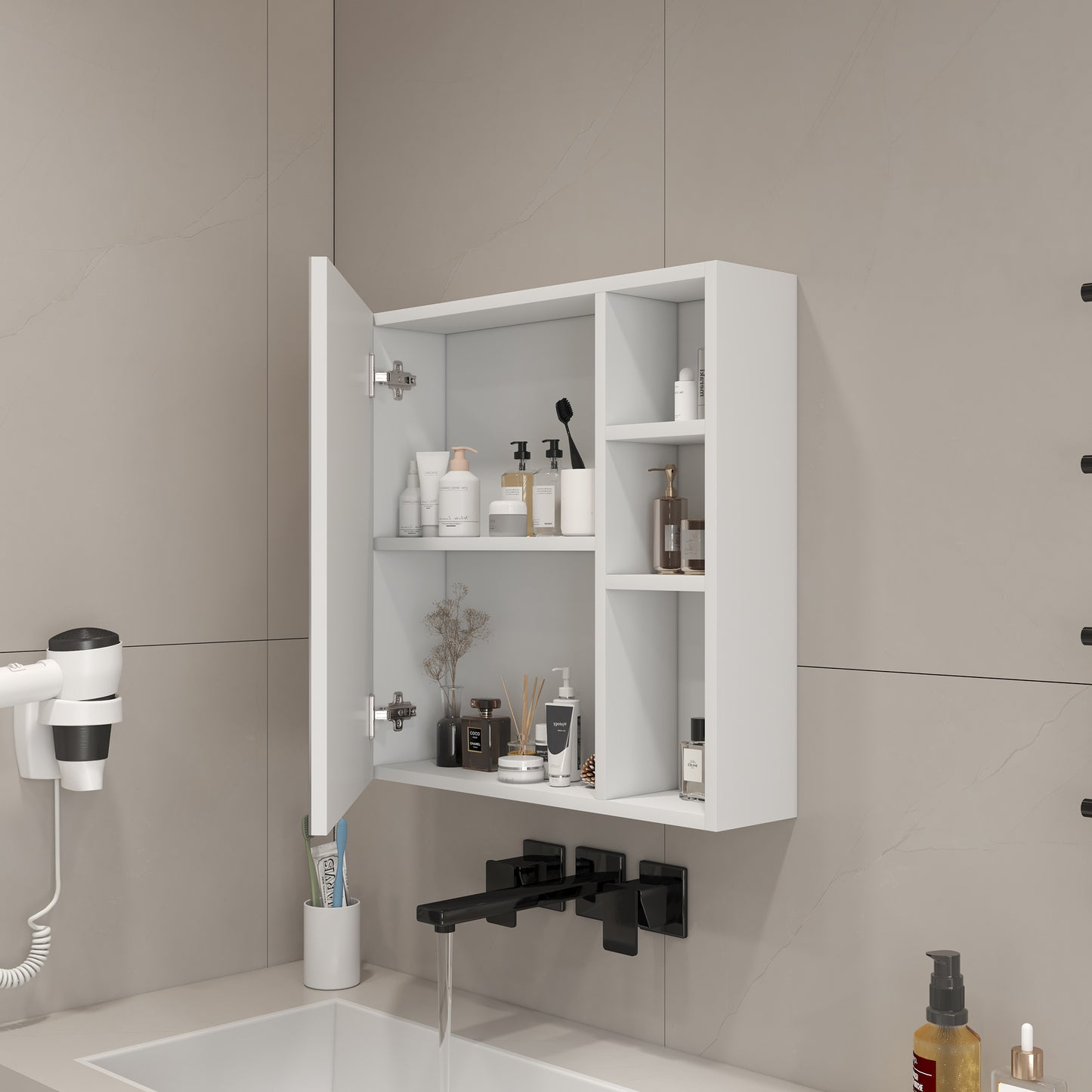 Simple Wall Mirror Cabinet 55 X56cm Wall Mounted, White HDF Board  Safety Mirror Glass Door, Divided Storage  Thickened HD Mirror, Great For Bathroom Makeup Room.