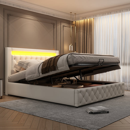Upholstered Bed 140 X 200 Cm, Functional Bed With Slatted Base And Storage Space, With LED Lighting, With Storage Function, White, PU
