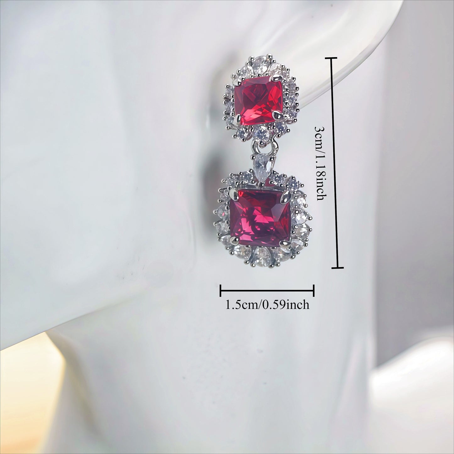 Two-Tier Princess Cut Red CZ Double Halo Dangle Drop Earrings For Women, Copper Silver Plated White Crystal Vintage Wedding Banquet Statement Jewelry Gift