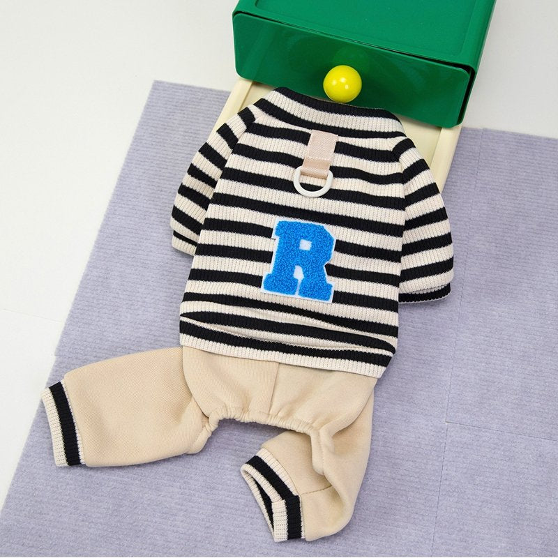 Autumn And Winter Puppy Clothing, Casual Striped Four-legged Thin Warm Hoodie, Small And Medium-sized Dog Bichon Frise Pet Clothing