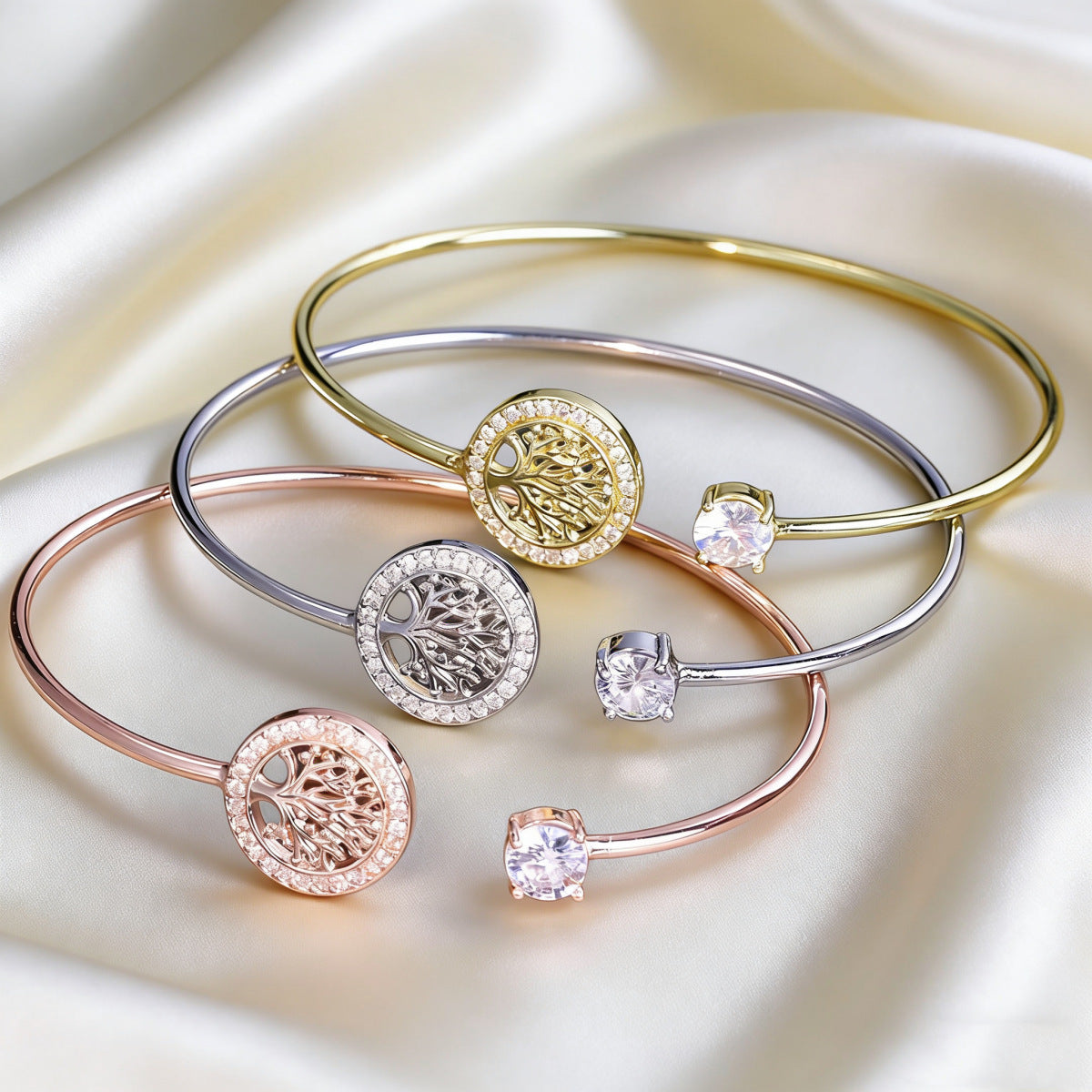 Women Tree Of Life Open Cuff Bangle, Geometric Inlaid Cubic Zirconia Bracelet, Minimalist Fashion Jewelry For Daily Wear