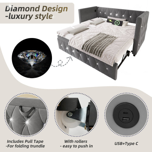 Daybed Single Upholstered Bed Sofa Bed With USB &Type C Charging Station, 3FT Single Bed 90 X 190 Cm With Trundle ,Pull Out Trundle For Living Room And Bedroom, Velvet