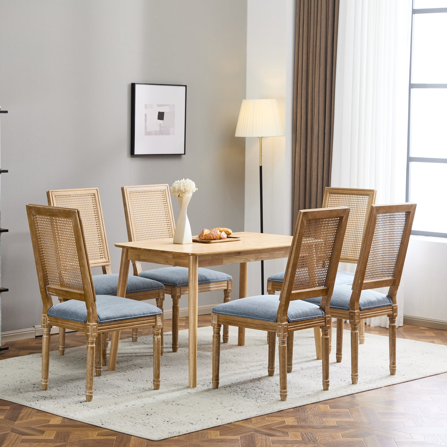 Set Of 6  French Country Dining Chairs - Elegant Cane Backrest & Upholstered Seats With Fluted Legs - Rustic Weathered Finish - Solid Rubberwood Frame - Vintage Inspired Kitchen & Dining Room Chairs