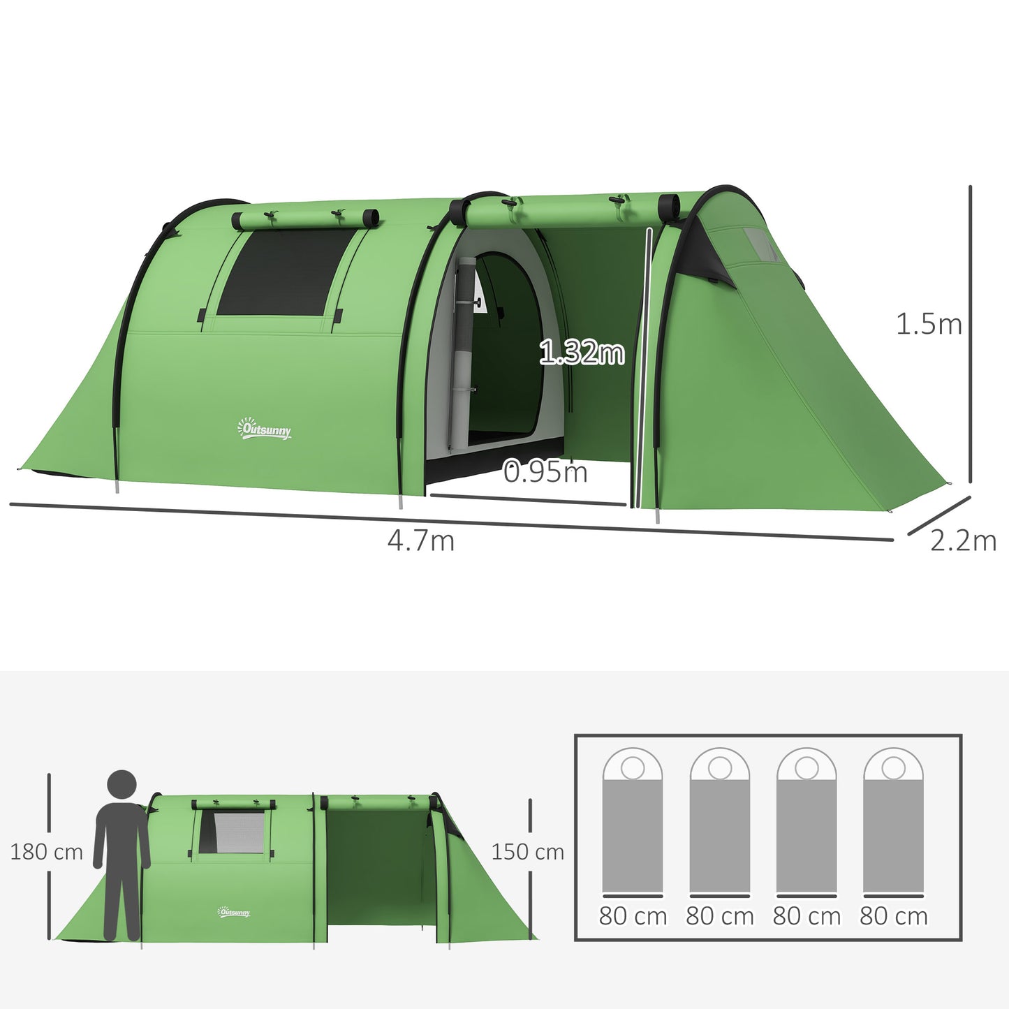 Four Man Duo Room Tunnel Tent, With Accessories - Green