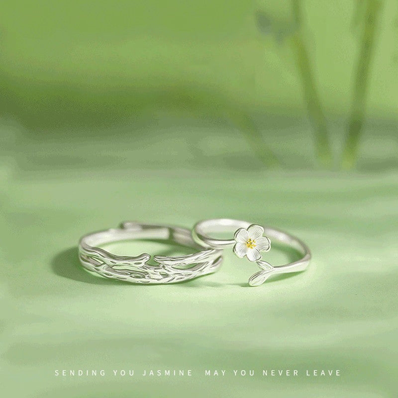 1 Pair 999 Sterling Silver Twig & Flower Couple Rings, Minimalist Romantic Style, For Daily Wear & Valentine's Gifts