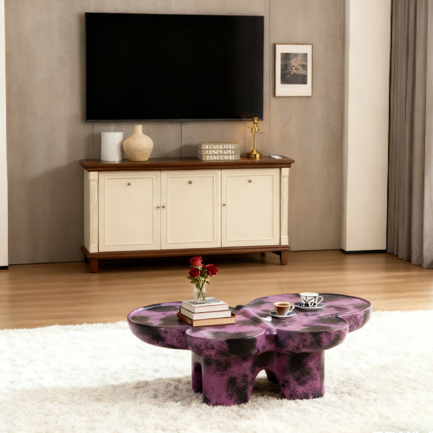 Modern Coffee Table Faux Travertine Textured For Livingroom Office,Purple    Black