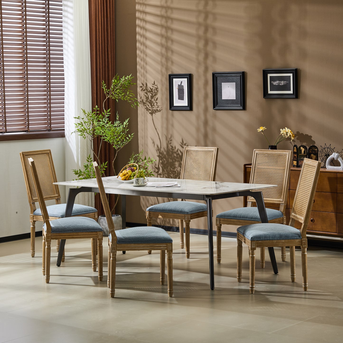 Set Of 6  French Country Dining Chairs - Elegant Cane Backrest & Upholstered Seats With Fluted Legs - Rustic Weathered Finish - Solid Rubberwood Frame - Vintage Inspired Kitchen & Dining Room Chairs