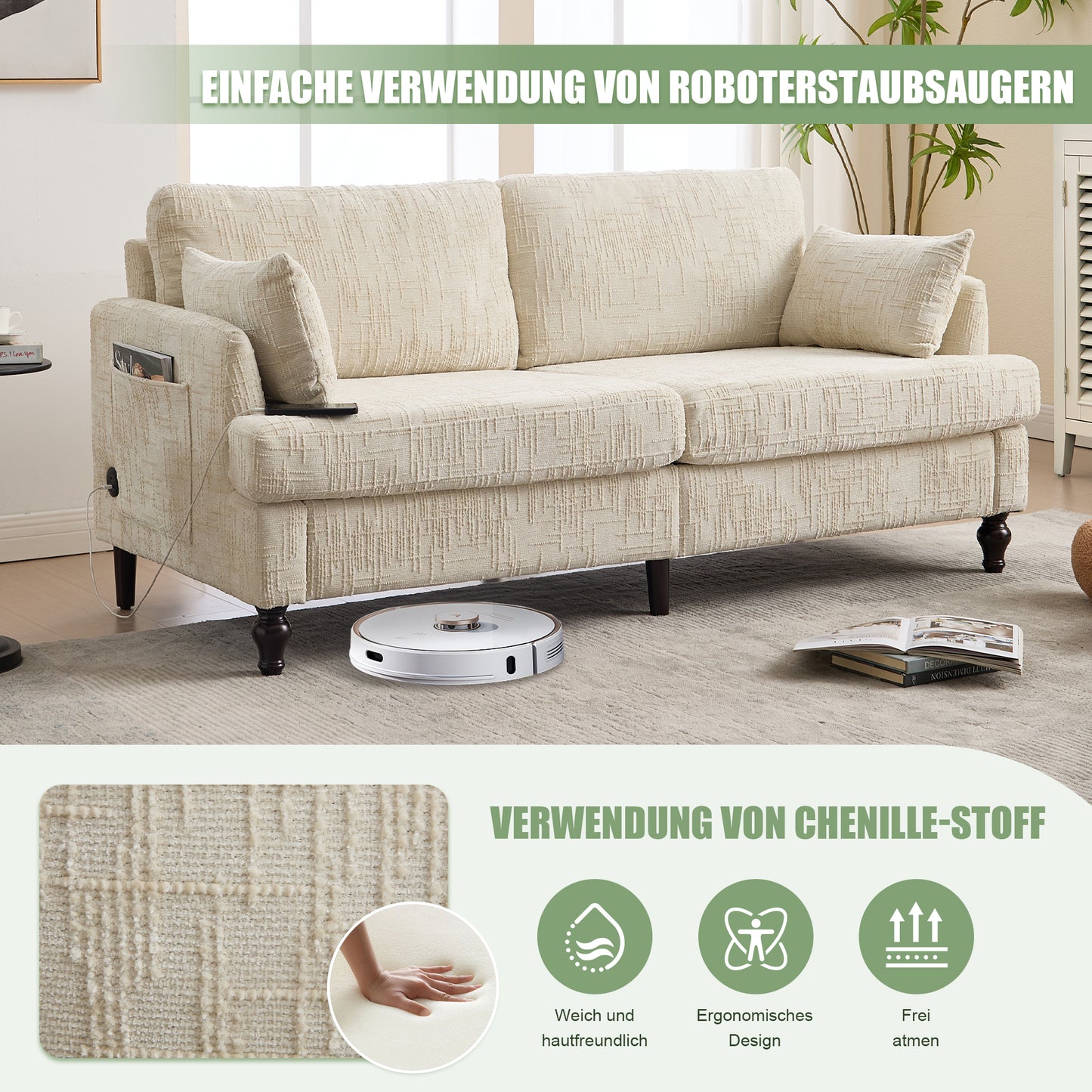 Modern 2-Seater Chenille Sofa With Wooden Legs, LED Light, USB Charging Port And Storage Bag Living Room-Bedroom-Study  Beige Chenille