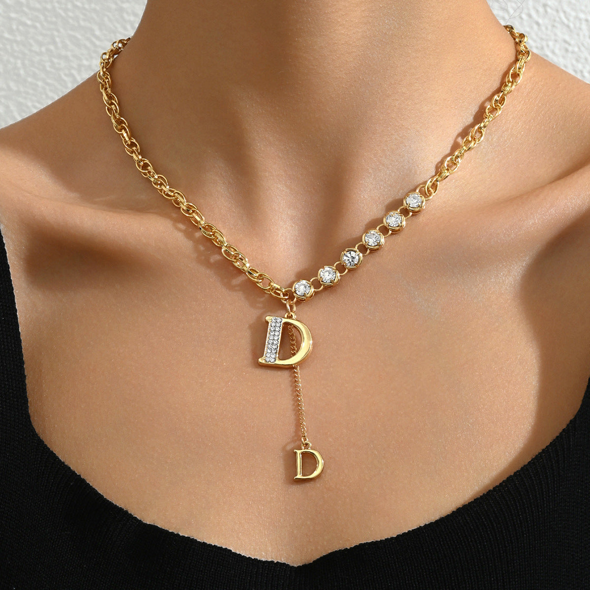 Sweet Korean Style Women Necklace, Unique Alphabet Niche Design Clavicle Necklace Inlaid Cubic Zirconia, Versatile Daily Neck Jewelry