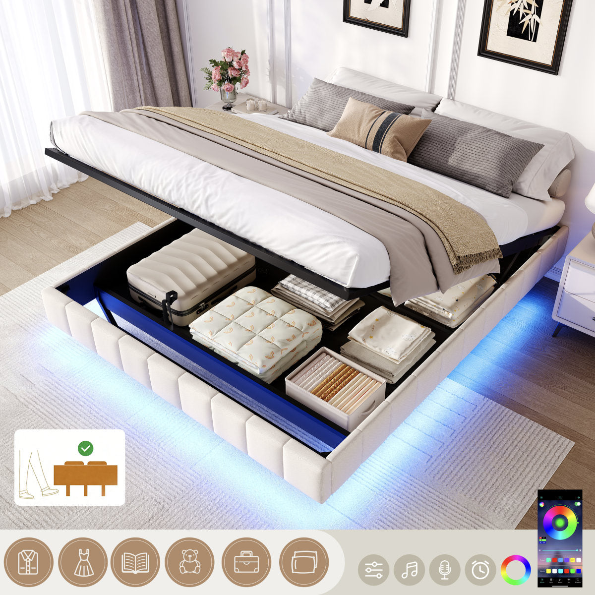 4ft6 Double Floating Bed Frame With Hydraulic Under-bed Storage & Smart RGB LED Lights, No Headboard Upholstered Bed With Concealed Anti-Collision Leg, Linen Fabric, Beige  No Mattress
