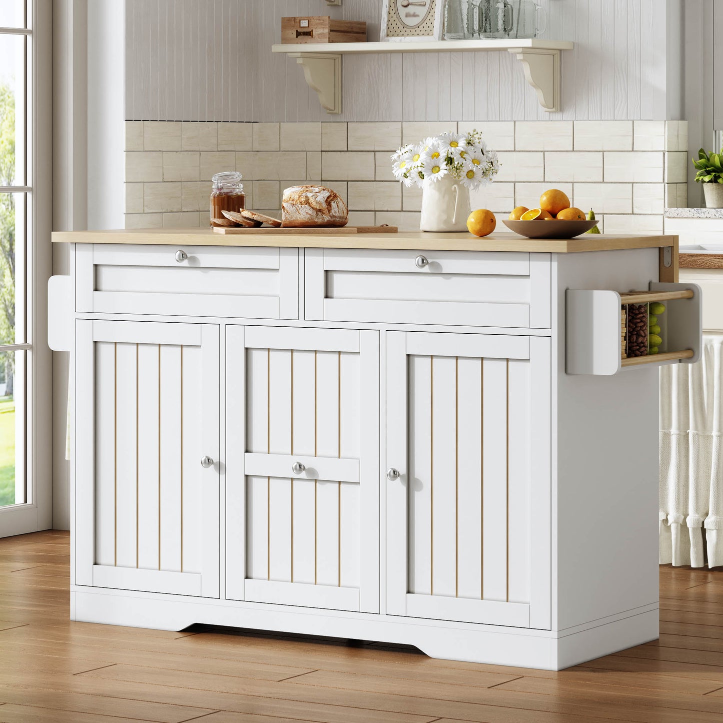 Mobile Kitchen Island With Folding Worktop, Serving Trolley And Storage Cabinet, With 2-tier Vertical Drawers, 2 Large Drawers And Lockable Casters, 120 X45x92 Cm.