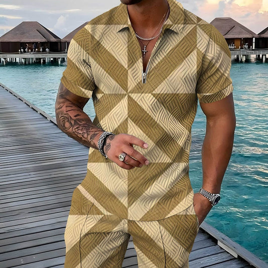 Fashion Zipper Polo Shirt Suit Men's Casual 3D Printed Polo Shirt Shorts