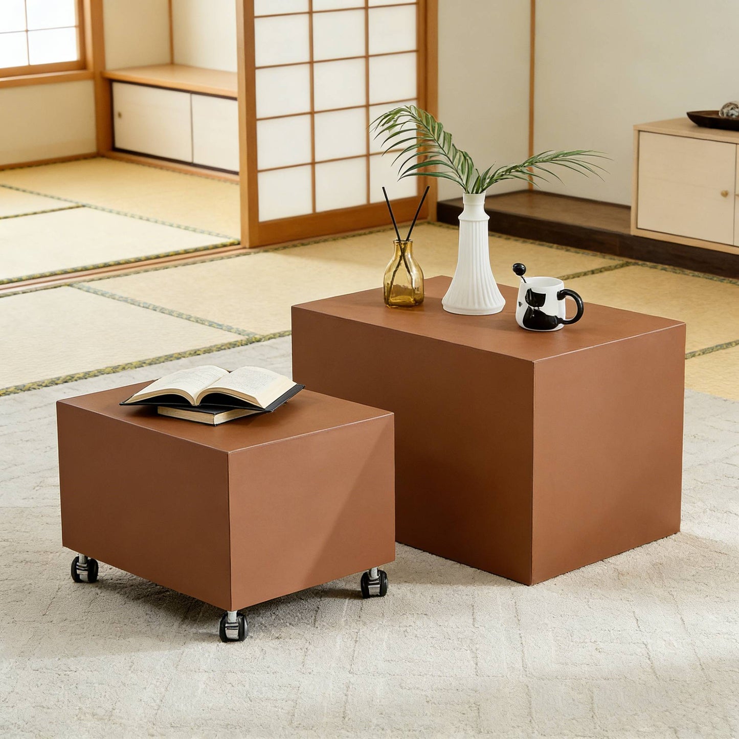 Modern Brown MDF Saddle Leather Table -Two Compact Sizes, Perfect For Living Room Decor & Daily Use