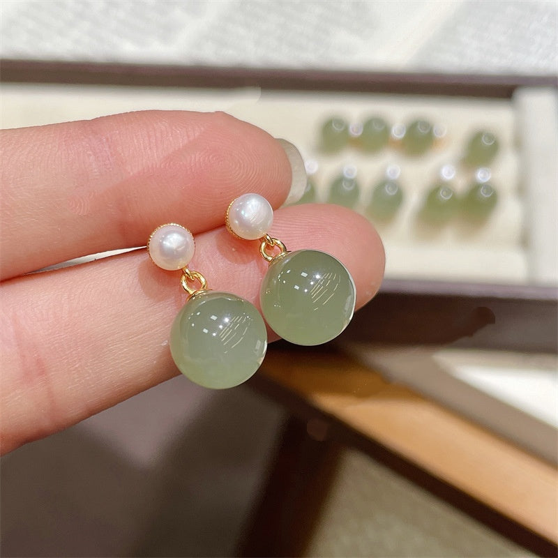 Best-selling All-silver S925 Stud Earrings Inlaid With Clear Jade-like Hetian Jade