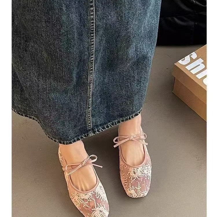 Women Breathable Mesh Mary Jane Shoes, New Spring Summer Low Cut Fairy Style Pumps, Bowknot Design Hidden Wedge Heels