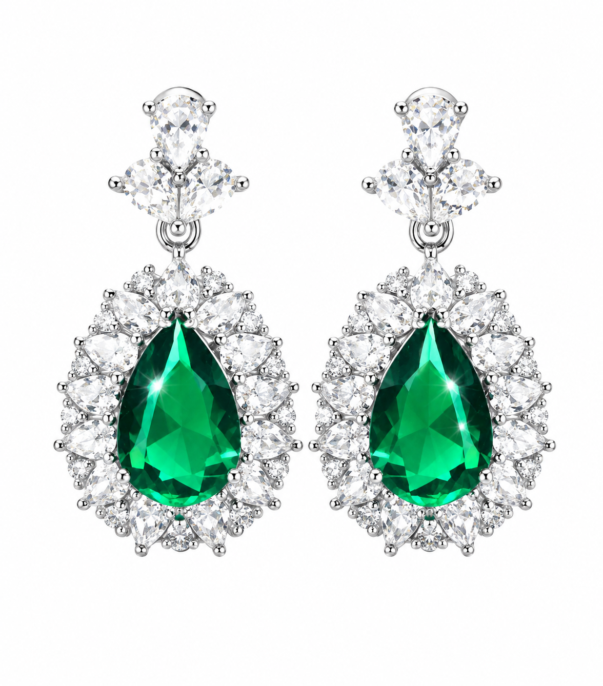 Pear Cut Vivid Emerald CZ Multi Marquise White Crystal Halo Dangle Earrings For Women, Copper Silver Plated Vintage Royal Bridal Wedding Formal Banquet Statement Jewelry Gift