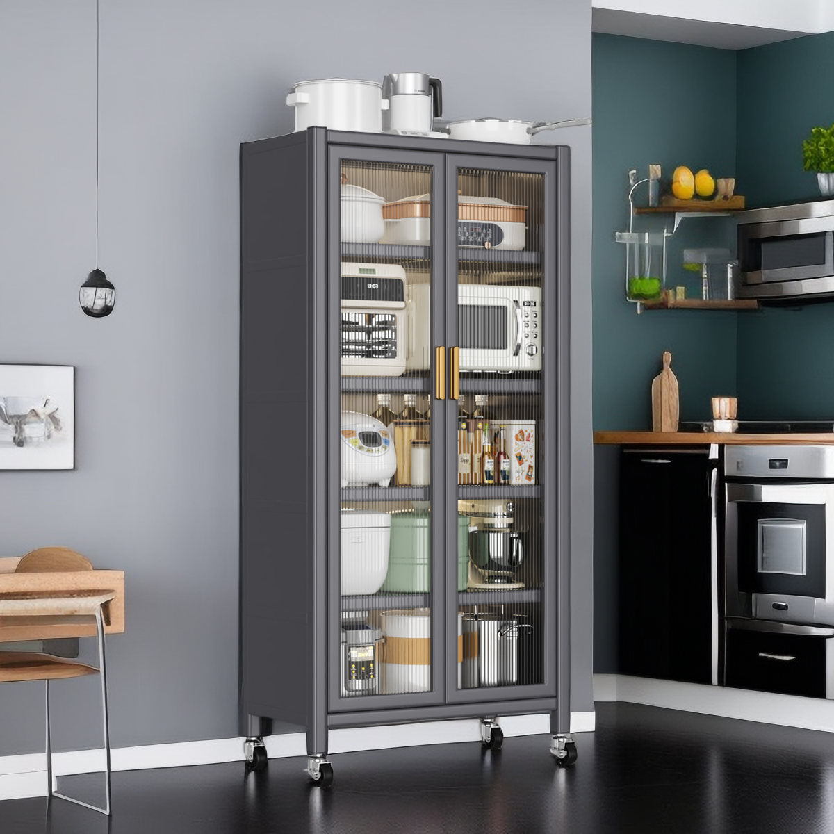 Grey Open Kitchen Storage Cabinet, Floor-to-Ceiling Multilevel Microwave Shelving Unit & Side Cabinet For Bowls, Grey