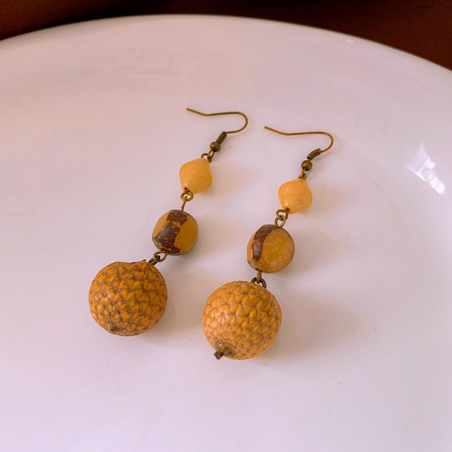 Retro Ethnic Style Resin Fruit Core Tassel Earrings Fashion Design Sense Niche Accessories