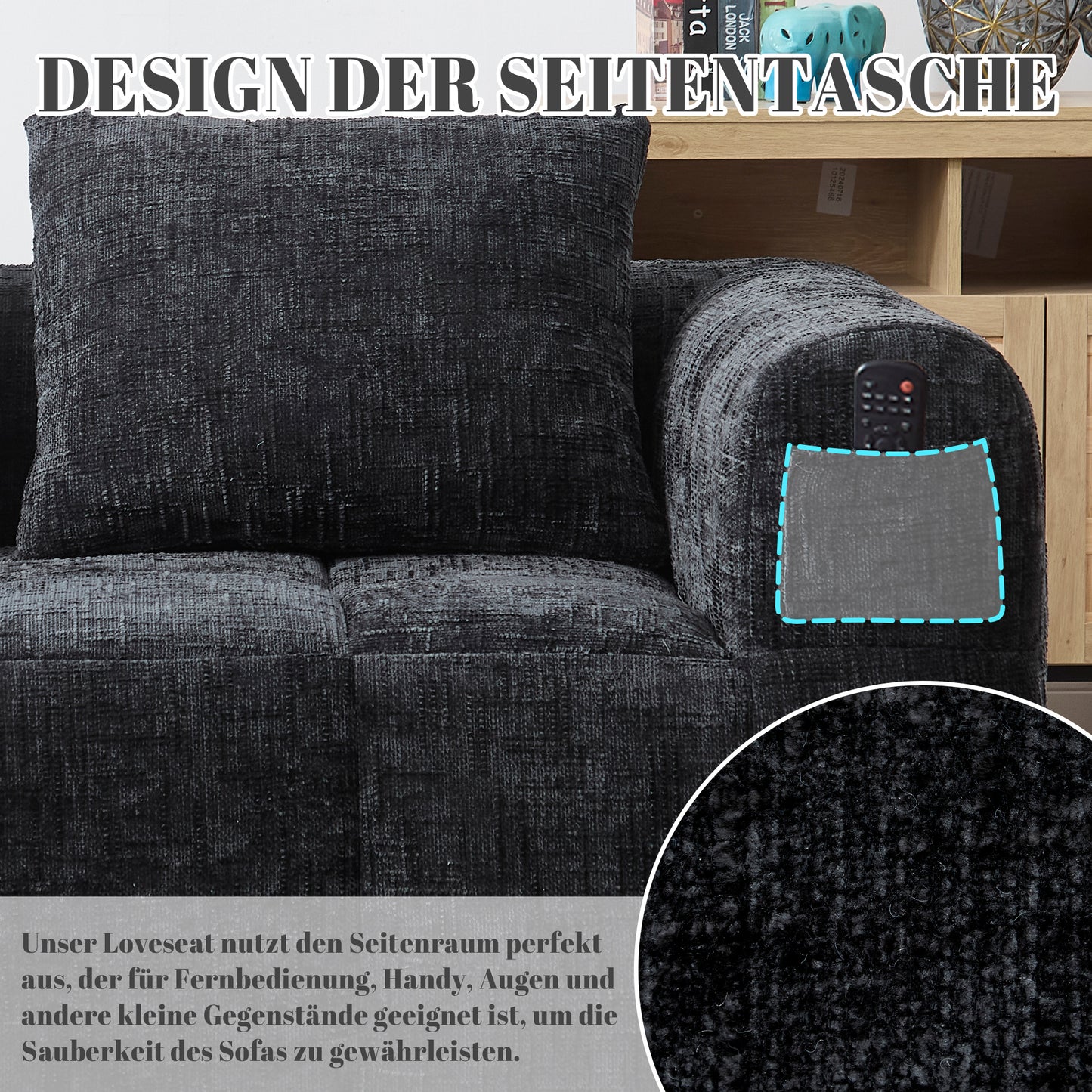 Comfortable Sofa For 2 People, No Assembly Required, Fluffy Sofa With A Cushion, Side Pockets For Remote Control And Mobile Phone, Neat And Stylish, Black