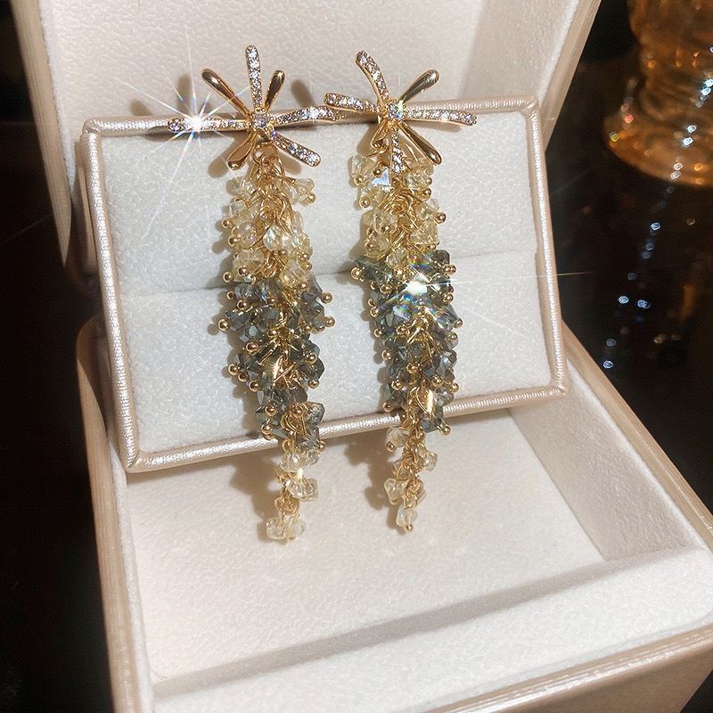 Exquisite Zircon Earrings Women Silver Needle Long Drop Korean Style Vintage Tassel