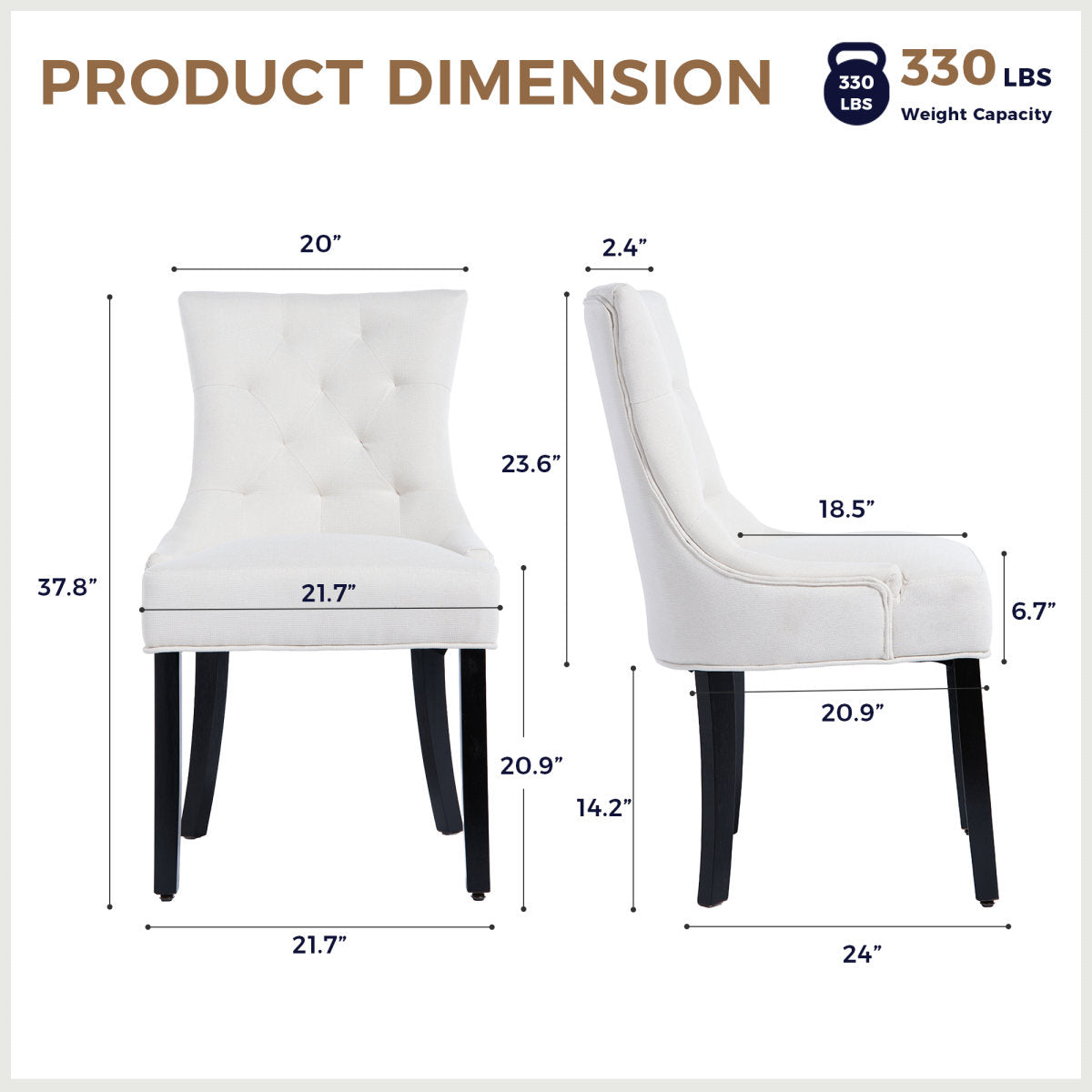 Modern Tufted Dining Chair, Linen Upholstery Chair with Solid Wood Legs, Buttonless Deep Tufted Back Armchair for Dining Room, Kitchen and Living Room, Set of 2 (Beige)