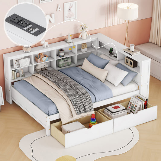 Wooden Full Size DayBed With 2 Drawers, DayBed With Storage Shelf And USB Charging Ports,White